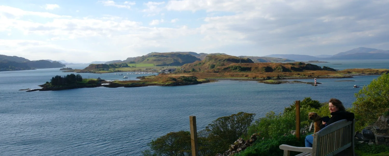Looking out to the island of Kerrera that shelters Oban Bay (left) from Dunollie Castle, a pleasant short walk from the town of Oban. The much larger island of Mull is on the right, distantly.