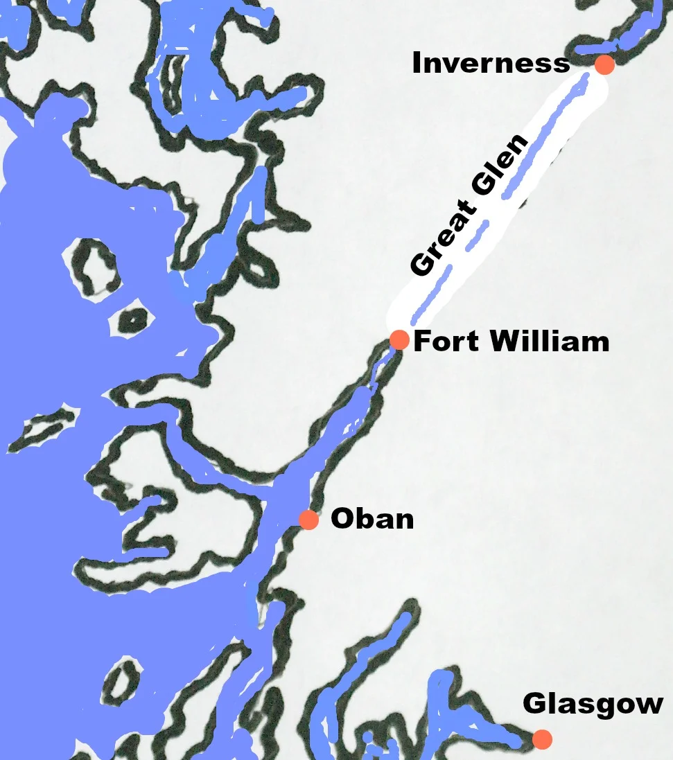 This shows (roughly!) the relative distances of a few Scottish touring destinations, notably Oban and Fort William. It’s a pleasant and scenic drive between the two, mostly by the salt-waters of Loch Linnhe.