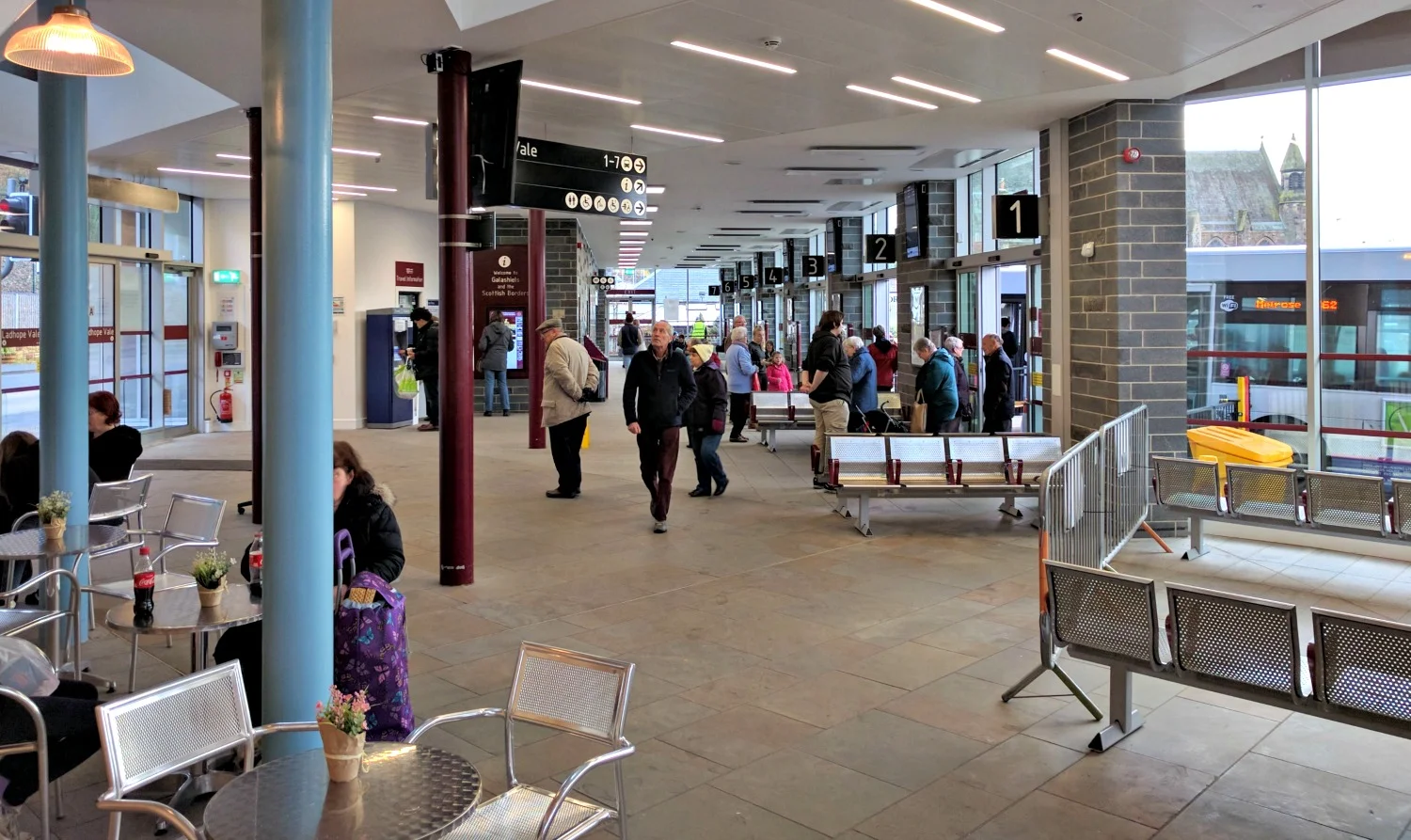 THE GALASHIELS INTERCHANGE - RAILWAY TO THE LEFT, BUSES TO THE RIGHT, CAPPUCCINOS IN THE CORNER FROM THE BORN IN THE BORDERS CAFE.