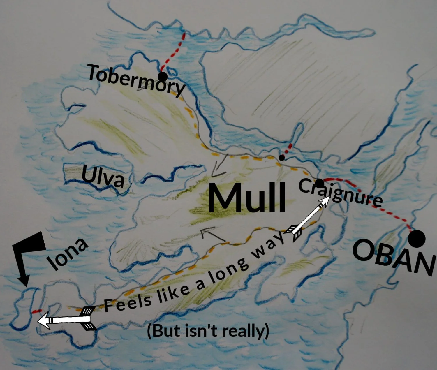 There are four places on Mull linked by ferries - three to the mainland and one to Iona. The very quick Fishnish to Lochaline link is on the road between Craignure and Tobermory. Full details on the Mull section of the Calmac Ferry timetables . Click the pic for more info on Mull and why Iona can feel like a long way. Or is it just me?