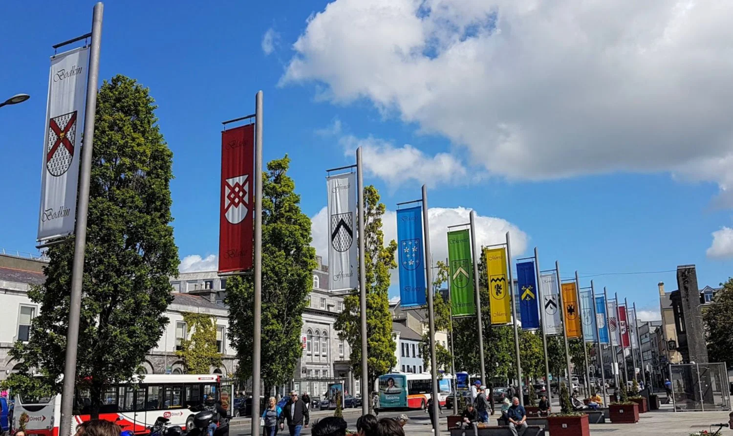The proud banners of the Tribes of Galway, with the symbols of the merchant families of old.