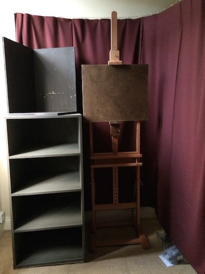 The first painting station, directly next to the window, with out home-made shadow box and still-life stand
