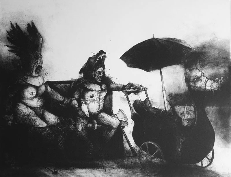 ‘THE PATERNITY OF ERIC BLOODAXE’. Etching & Aquatint. 21x16”. 1982