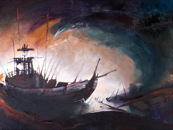 ‘THE GOLEM OF JMW TURNER PUTTING ON THE MARGATE TO CONFRONT THE PIFFLE’. Oil on Canvas. 2014