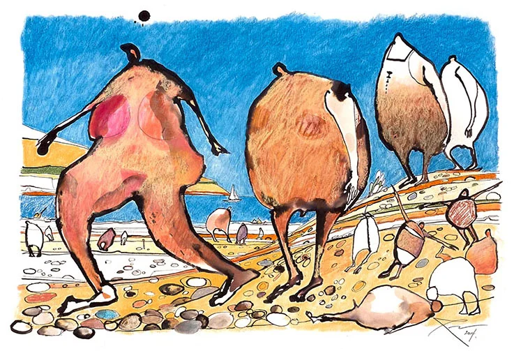 ‘THE PROCESSION OF THE NATURISTS’. Watercolour and conte on handmade paper. 2015