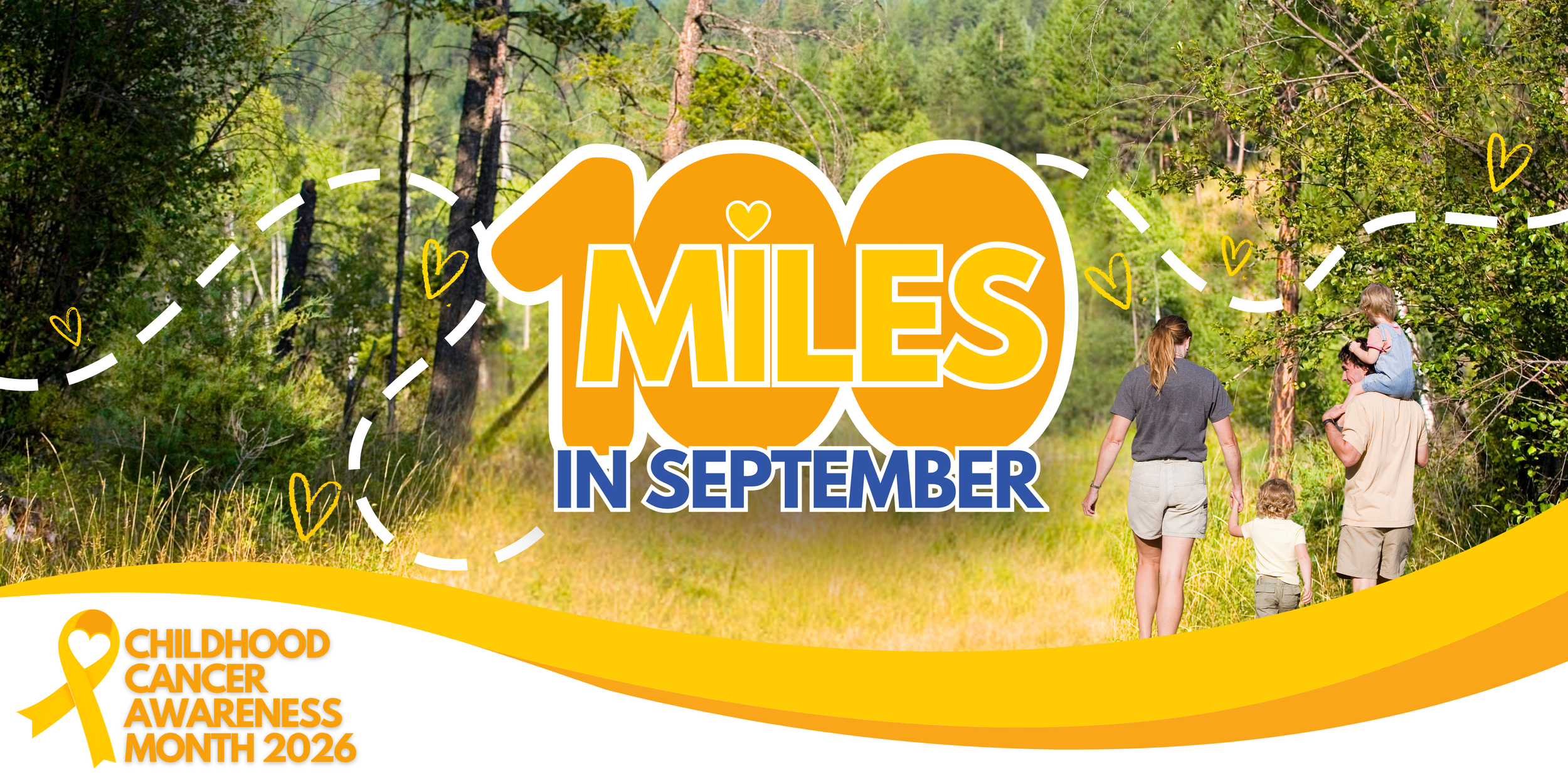 100 Miles in September Challenge logo overlaying a picture of a family walking through the woods