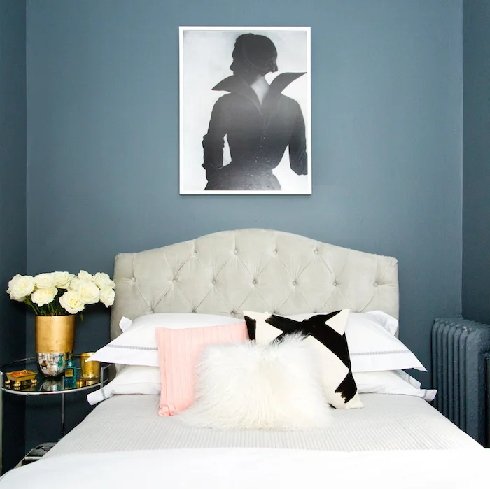 The lovely Elaine Welteroth bedroom is one of my all time FAVS! The Valspar deep gray on the walls is the PERFECT color for this small NYC studio apartment. Designed by one of my favs, Nicole Gibbon