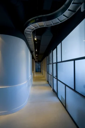 steel casement walls with sandblasted glass, wainscot center wall detail