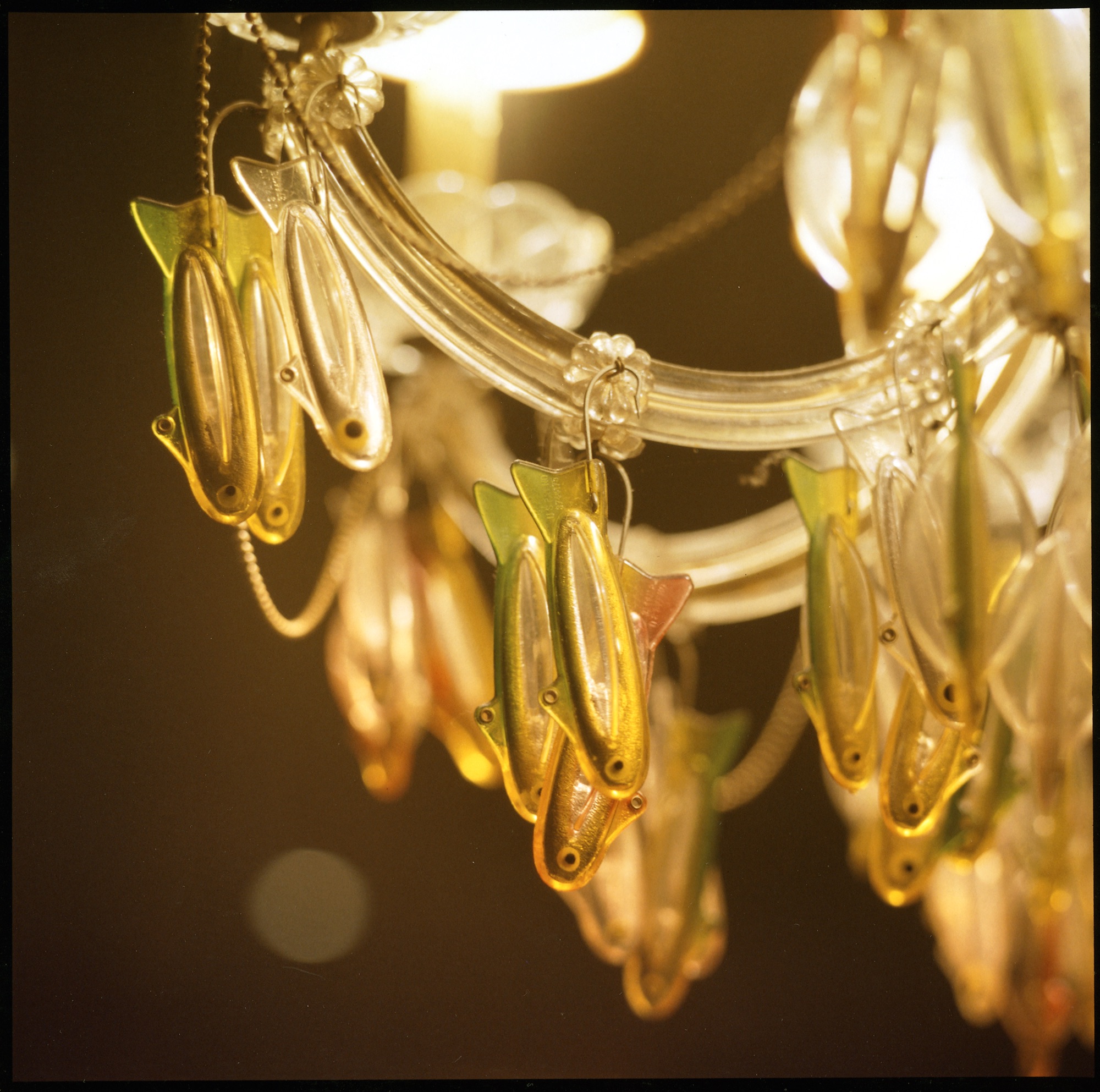 chandeliers had crystals removed and replaced with fishhooks