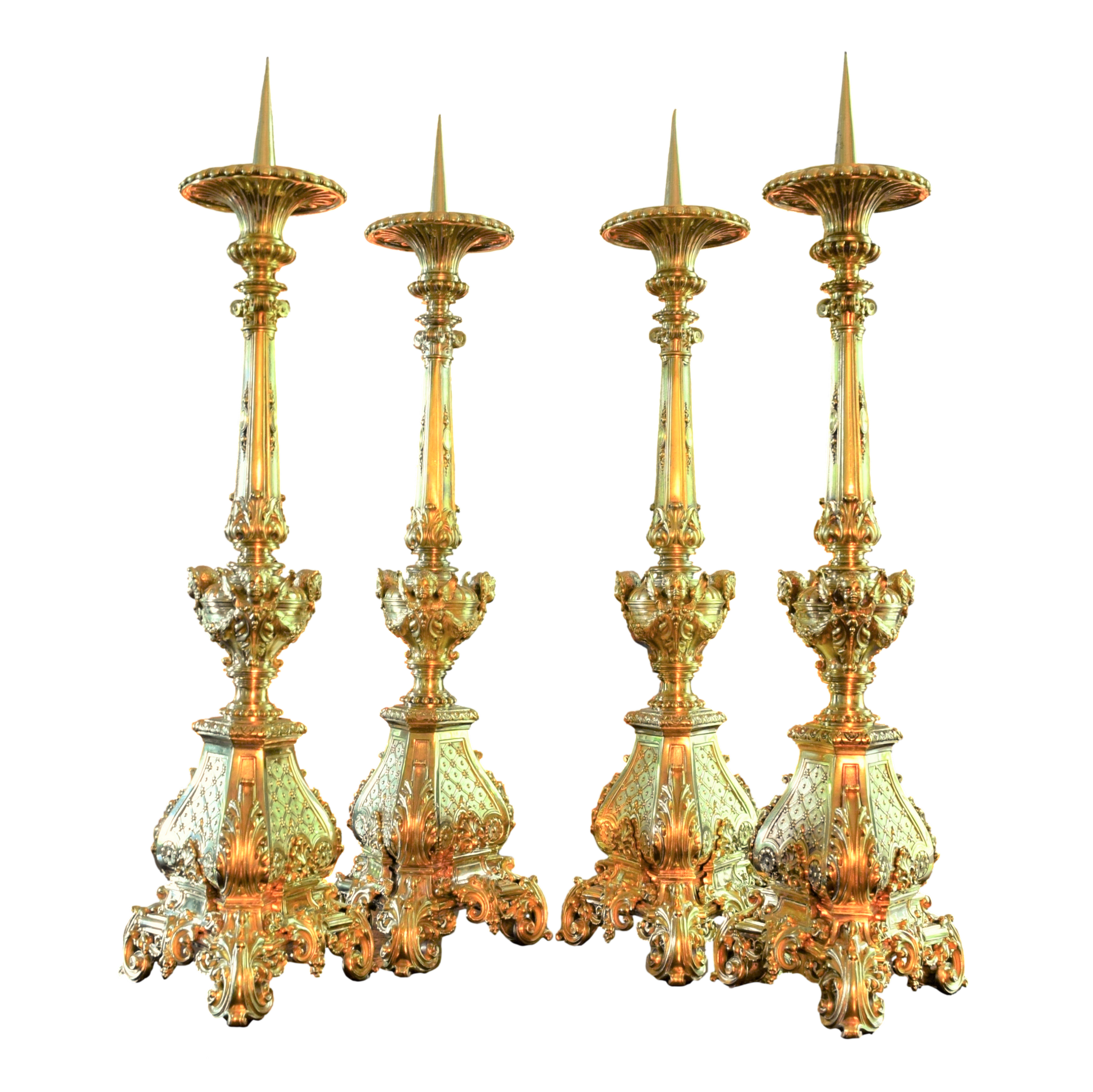 Silver Art- Important Suite of 4 French Gilt Silver Candleholders by Demarquet Freres.png