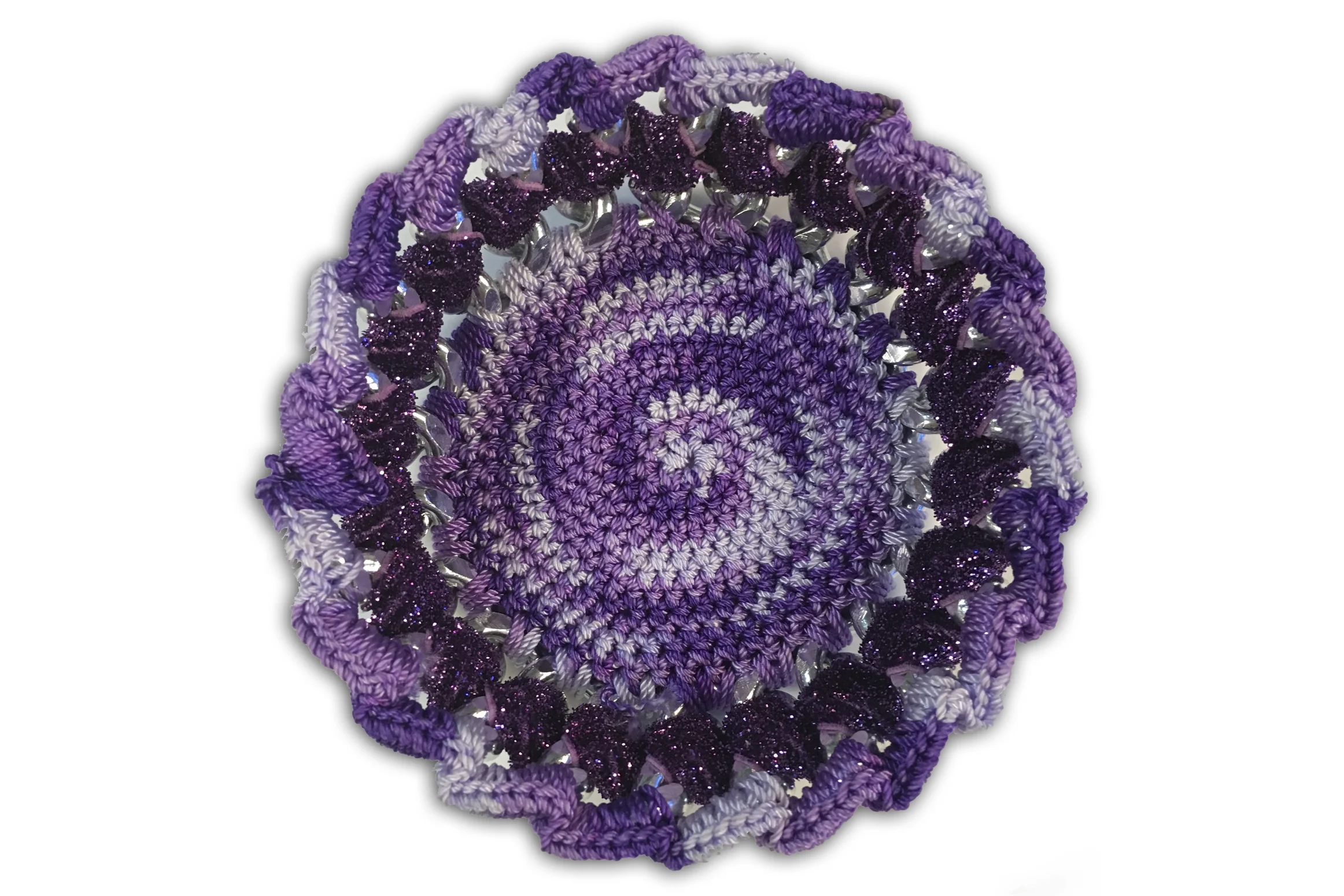 Purple Glitter on Silver Crochet Bowl