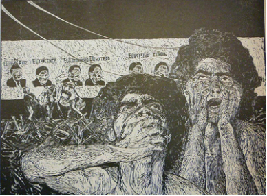 A woodcut block print by the artists of ASARO.