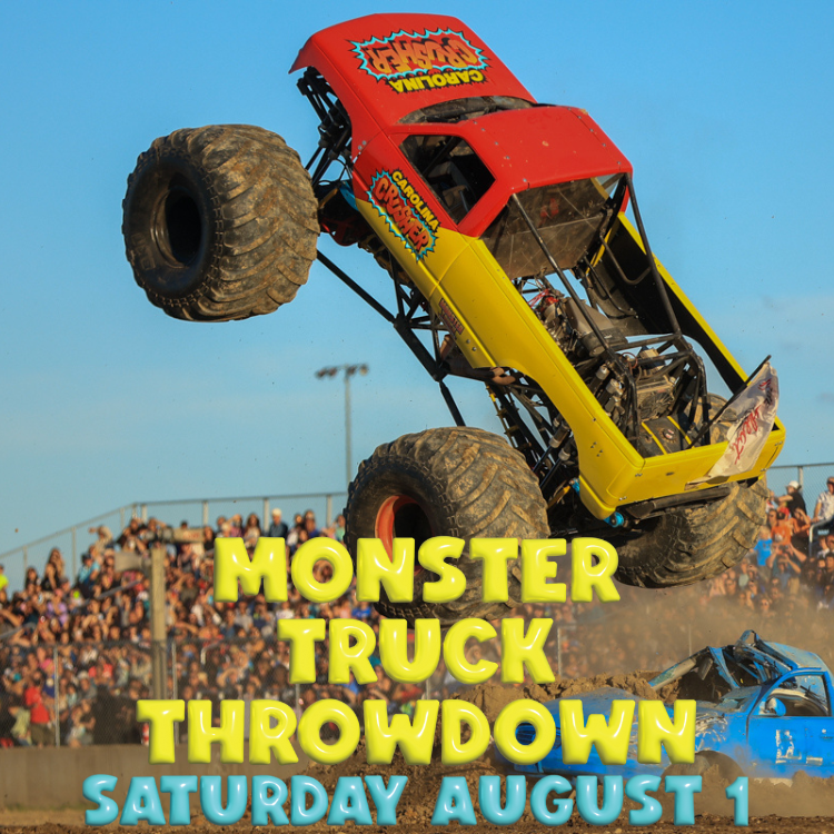 Monster truck performing a jump during a daytime event with a crowd in the background, promoting a monster truck show on Saturday, August 1.