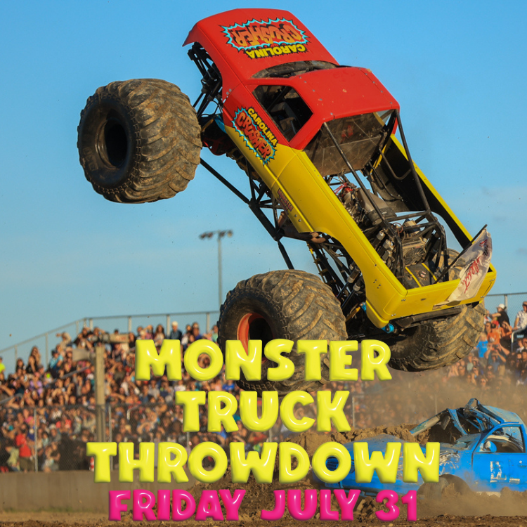 Monster truck performing a backflip at a dirt track event with a crowd in the background, promotional text for Monster Truck Throwdown event on July 31.