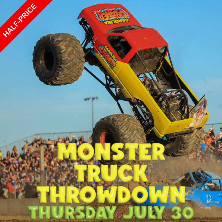 A monster truck performing a jump at a truck event with a crowd in the background, promotional text for the event on the image.