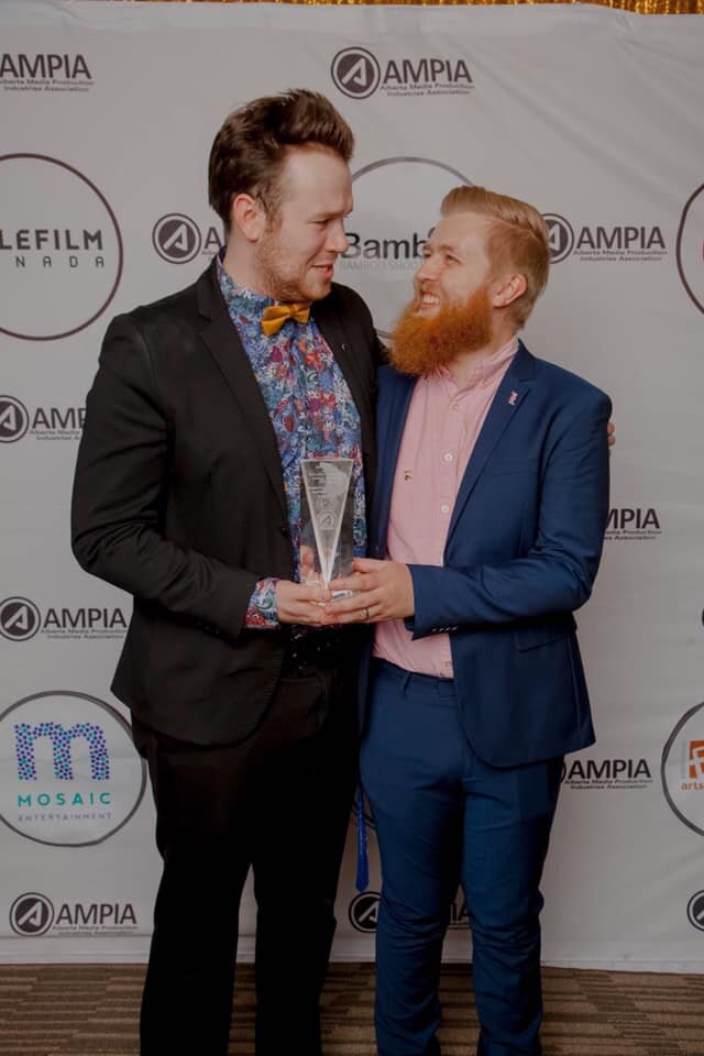  Griffin Cork and Morgan Ermter accepting their AMPIA Award for “Abracadavers”  Photo by Experimental Experience 