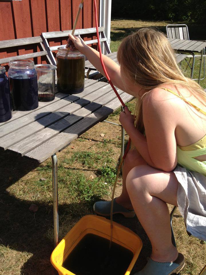 Syphoning the brackish brown water from the blue indigo pigment.
