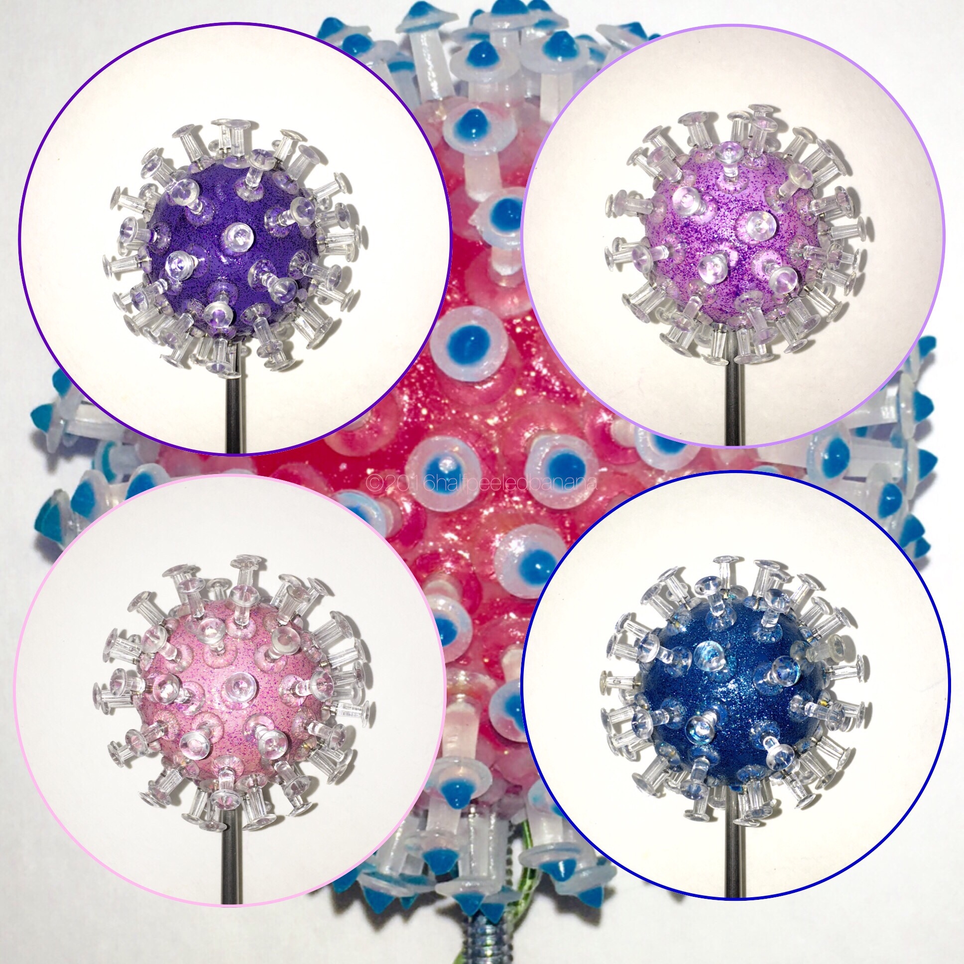 oh the colors! 3" pins tabletop flowers in dark purple, light purple, pink and dark blue 