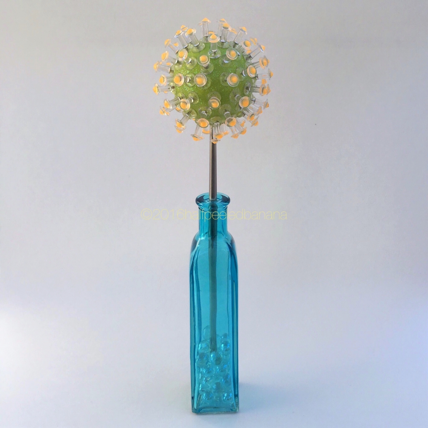 tabletop flower 3" pins style in lime with orange dots
