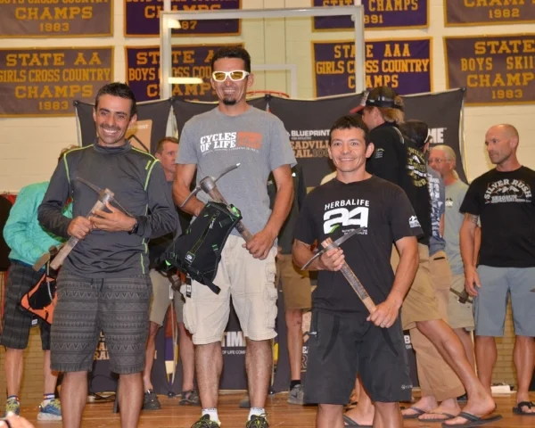 Macy Endurance Coaching athletes Rodrigo Jimenez and Marvin Sandoval on the Leadman podium.