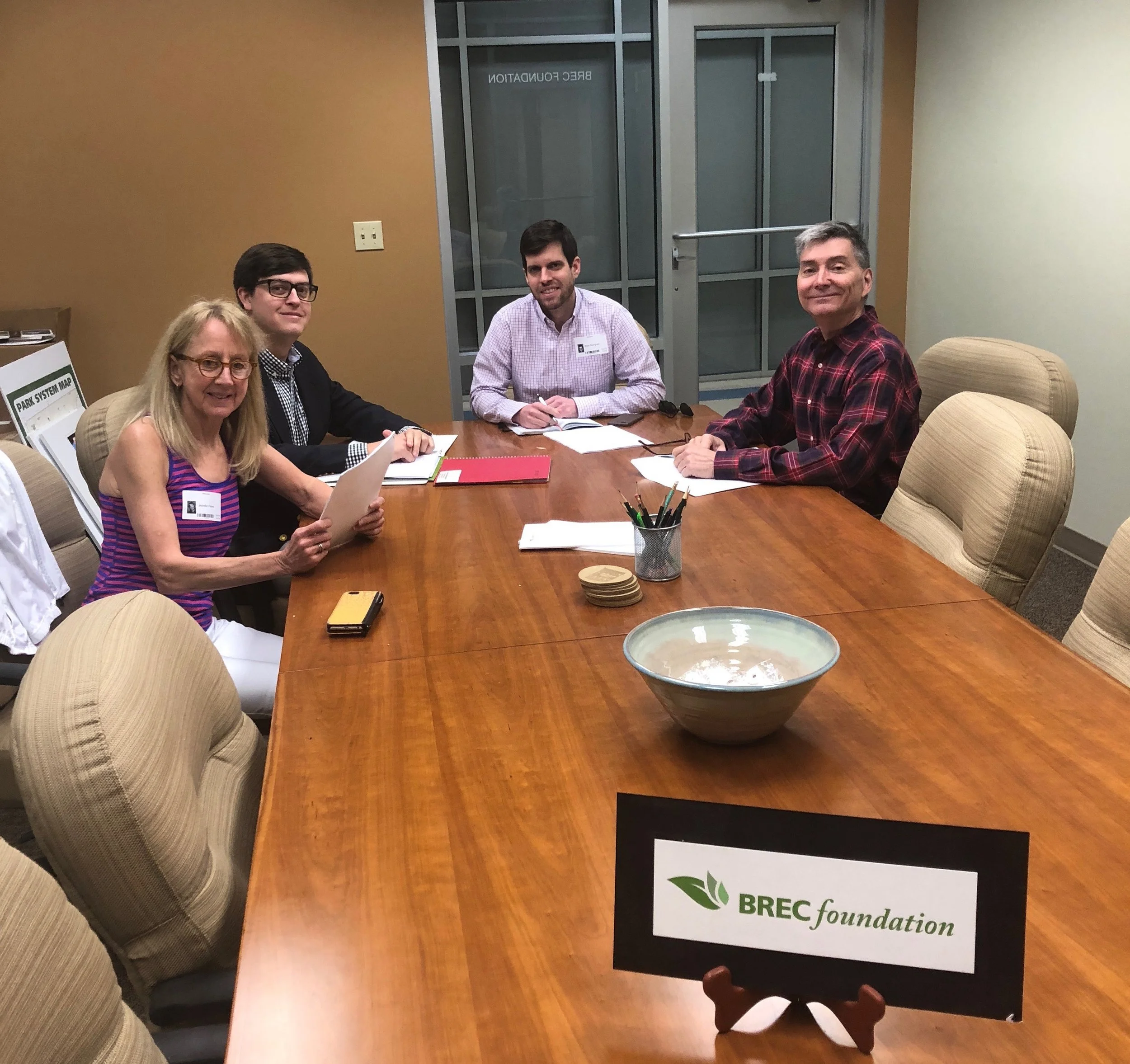 "The BREC Foundation Philanthropy Committee met on January 31, 2018 to review fundraising efforts for the year. Pictured from the left clockwise are Hitesh Chheda, Marcel Dupre, Anne Marks and Carl Stages."