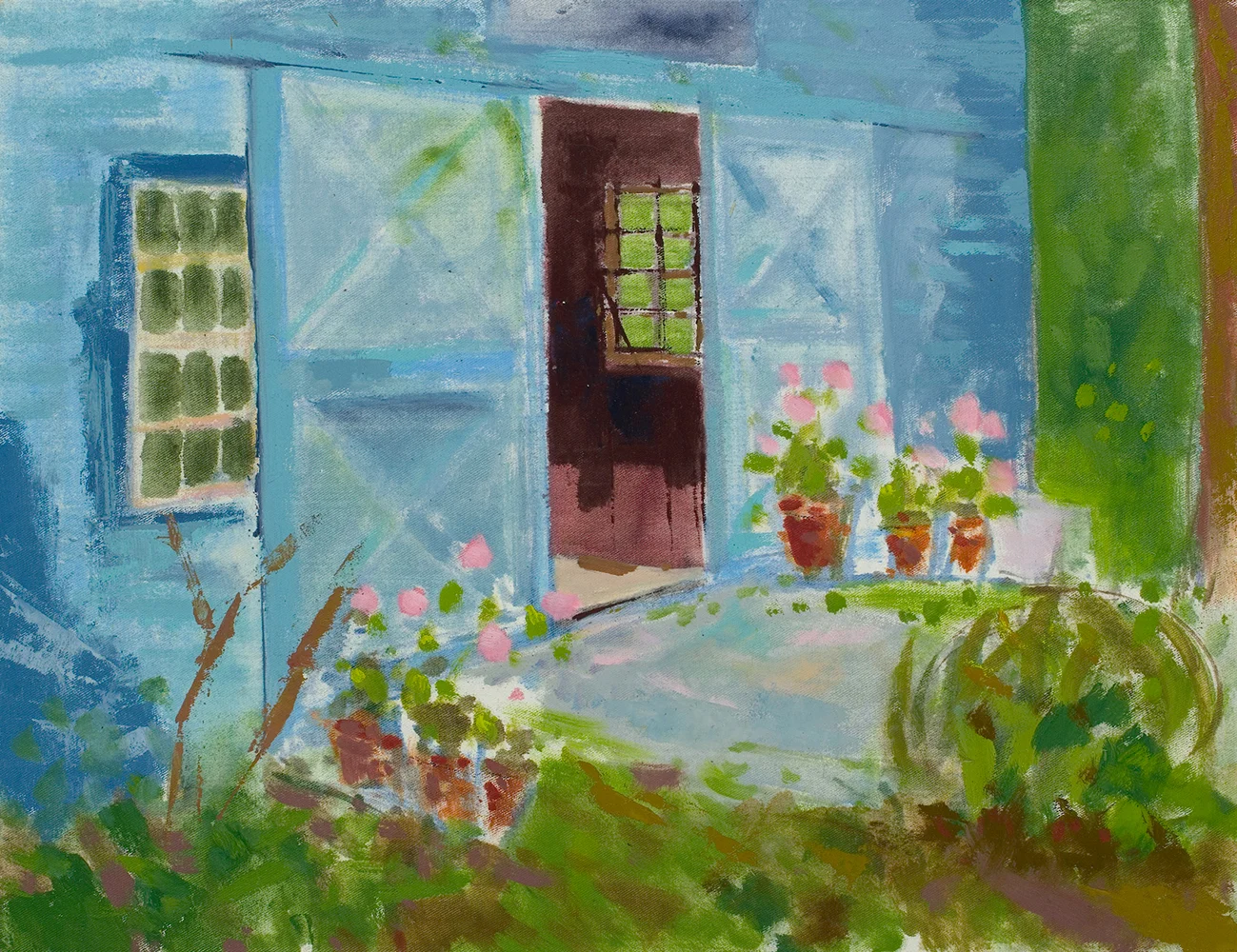  Blue Barn with Geraniums  16x20 Oil on Canvas Board 