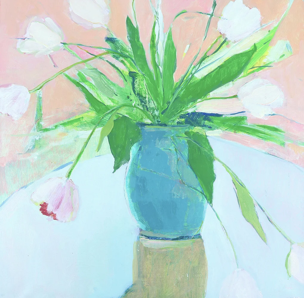   Marian's Vase with Tulips  18x18 Oil on Portrait Linen 