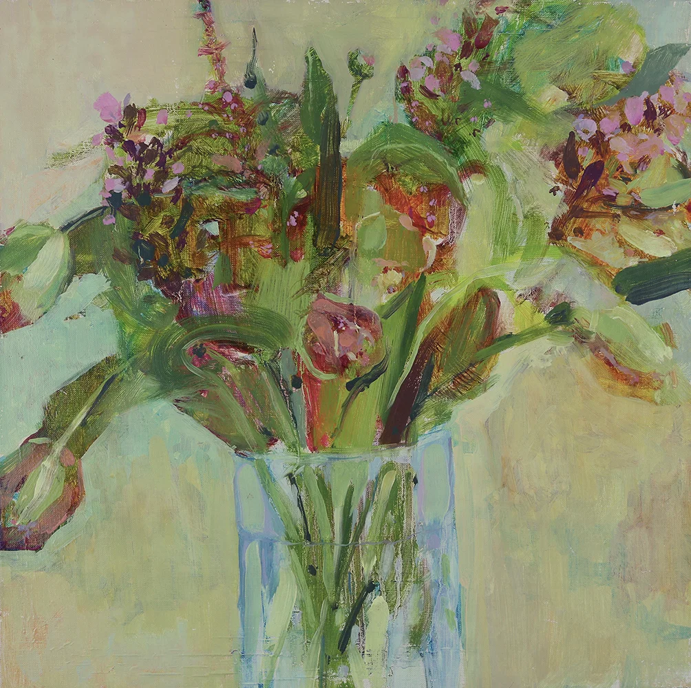   Flowers in Glass Vase  14x14 Oil on Portrait Linen 