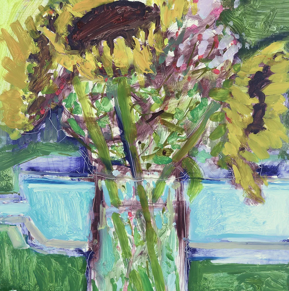   Sunflowers by Pool  12x12 Oil on Panel 