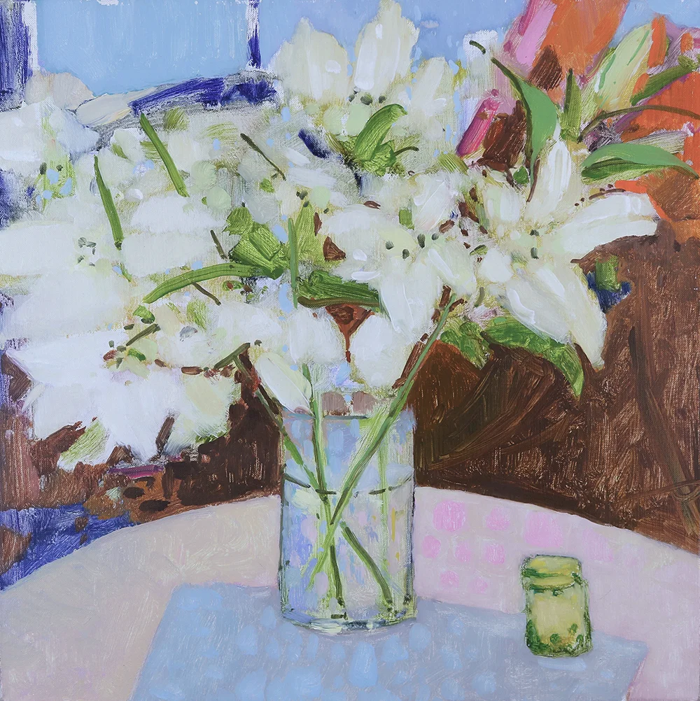   Lilies with Marbles  14x14 (Framed) Oil on Portrait Linen 