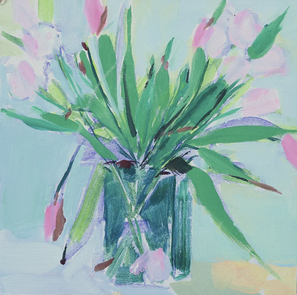   Pink Tulips (Sold)  6x6 Oil on Muslim/Board 