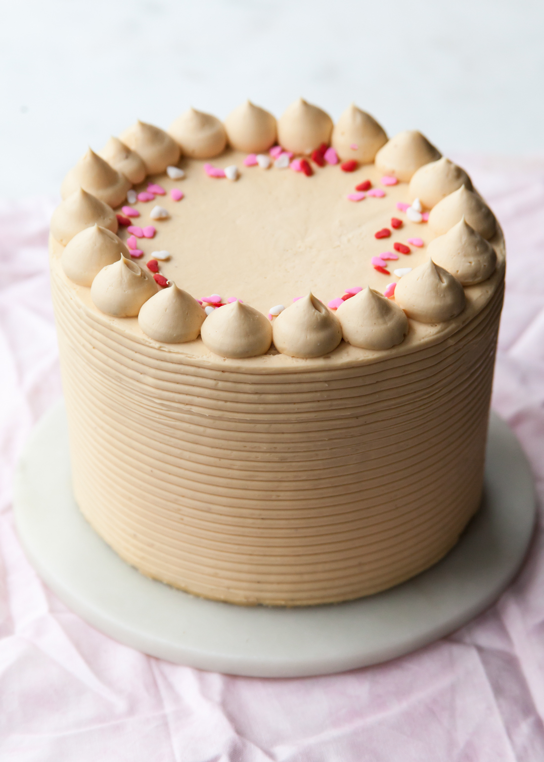 Chocolate cake with caramel pastry cream and caramel buttercream for Valentine's Day.