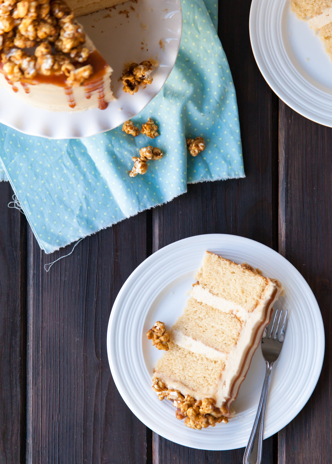 Caramel Popcorn Cake Recipe with brown butter cake and peanut butter frosting.