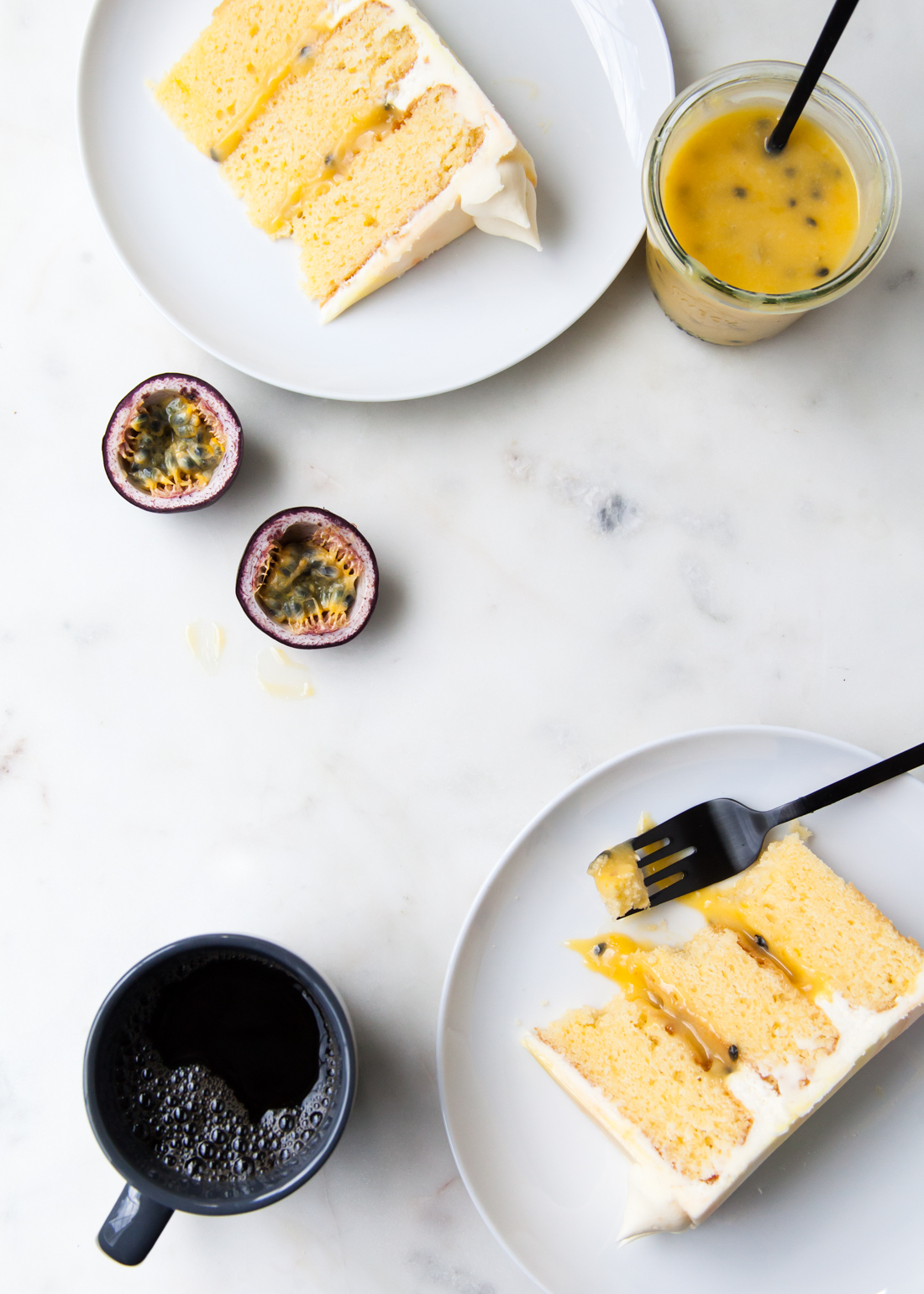 Passion fruit layer cake with coconut and cream cheese frosting.