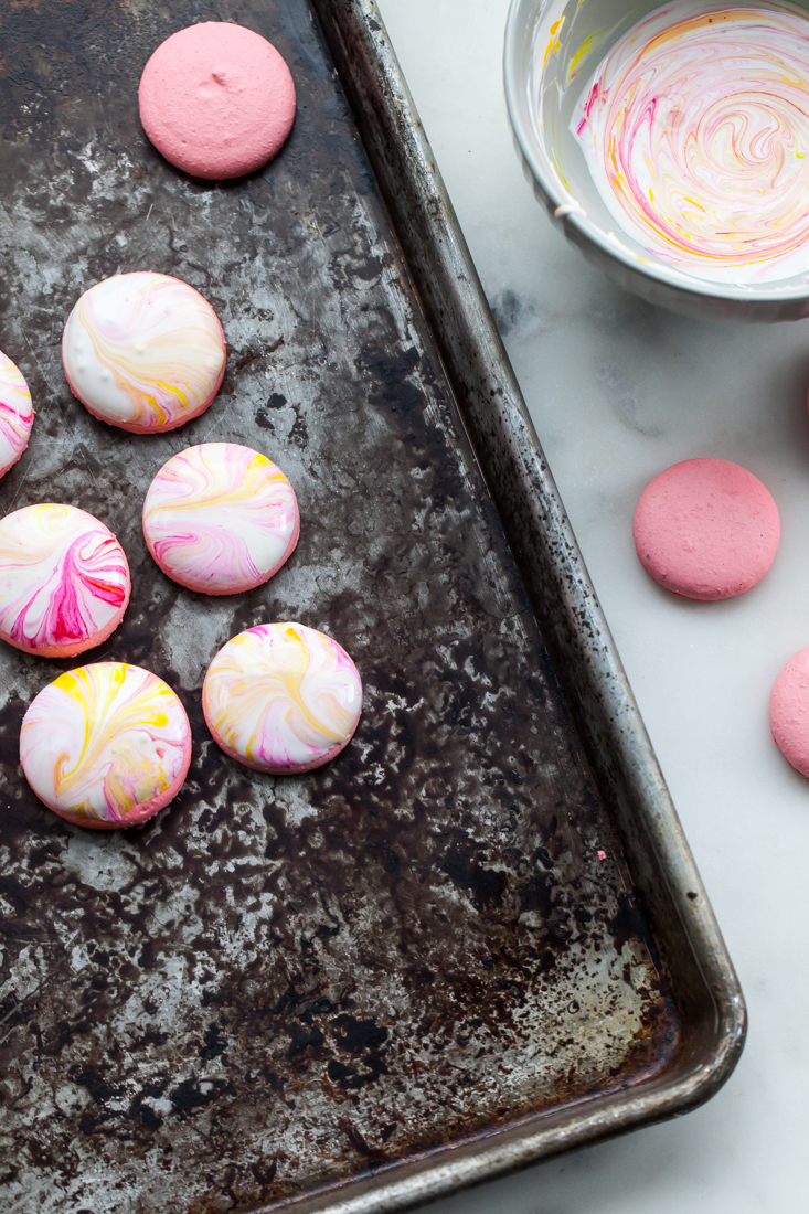 Marble macarons with earl grey buttercream and pink lemonade filling.