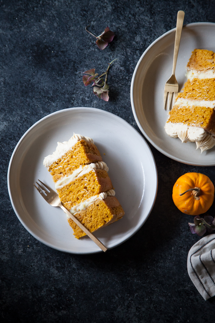 Pumpkin Creme Brûlée Cake Recipe with vanilla pastry cream and caramelized white chocolate frosting.