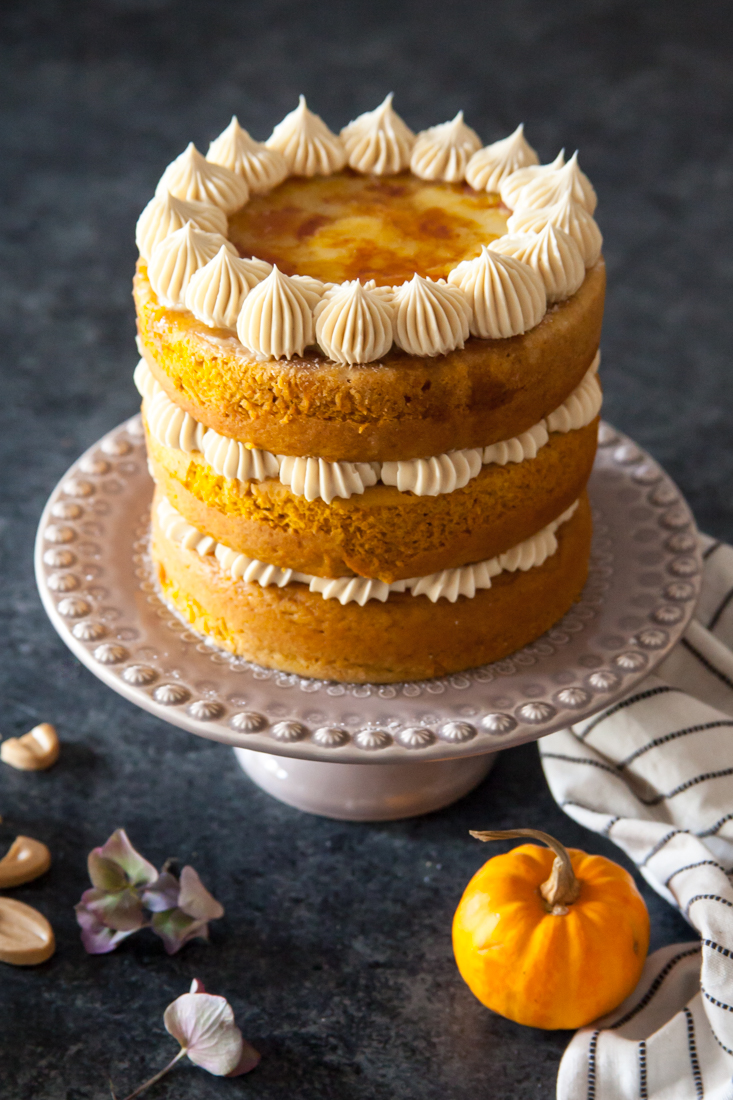Pumpkin Creme Brûlée Cake Recipe with vanilla pastry cream and caramelized white chocolate frosting.