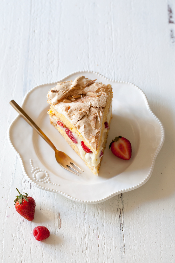 Berry Torte with crispy meringue and pastry cream filling.