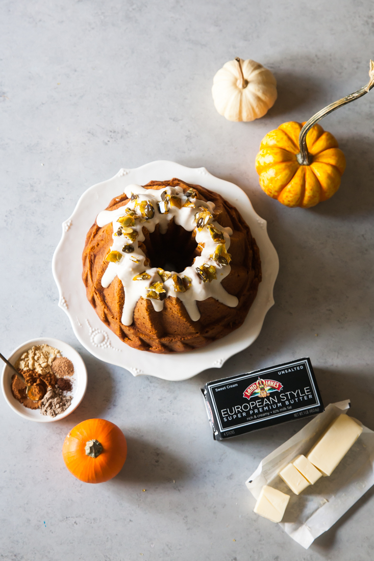 Pumpkin Bundt Cake Recipe with Cream Cheese Glaze and Pumpkin Seed Praline