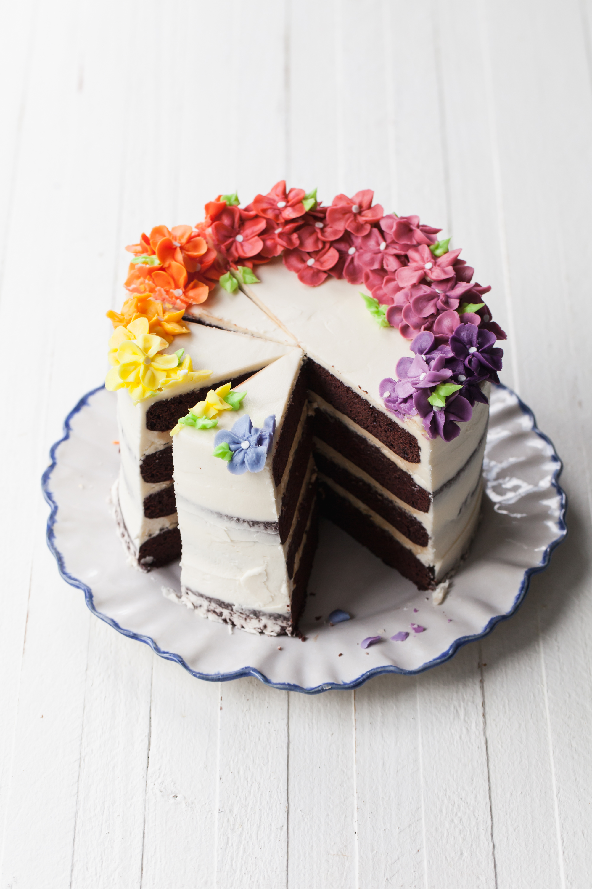 How to make a rainbow cake with layers of eggless chocolate cake and peanut butter filling