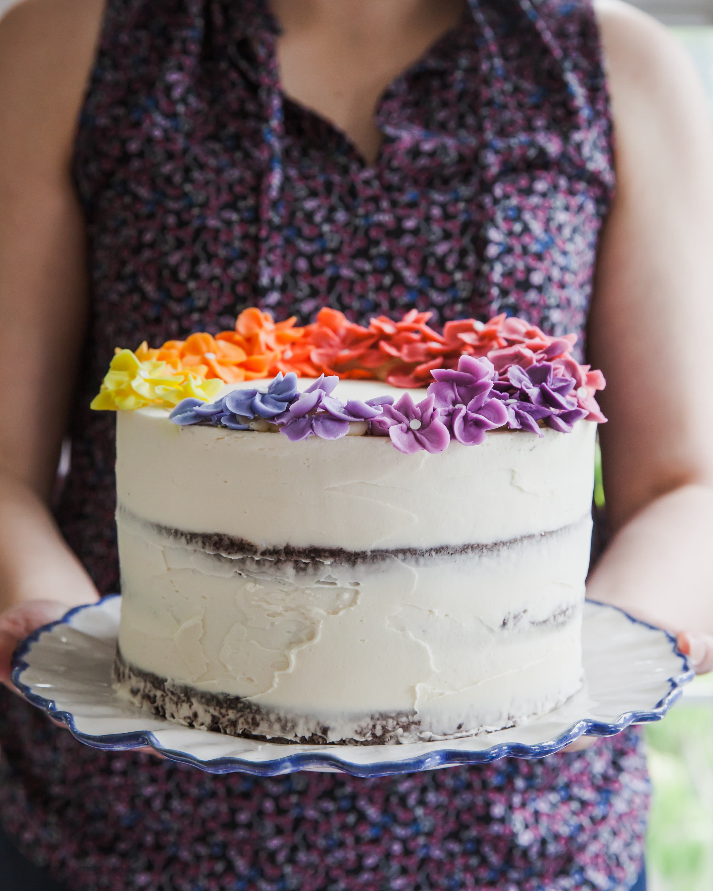 Rainbow Flower Cake with layers of eggless chocolate cake and peanut butter filling