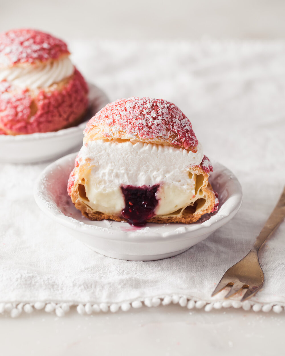 Raspberry Rose Choux Bun Recipe with vanilla pastry cream inside
