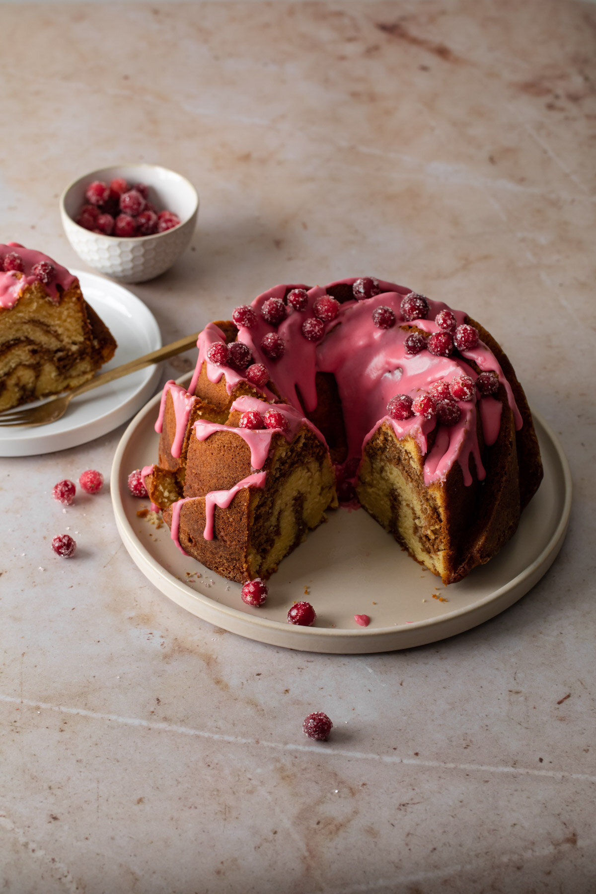 Cinnamon Swirl Bundt Cake with Cranberry glaze