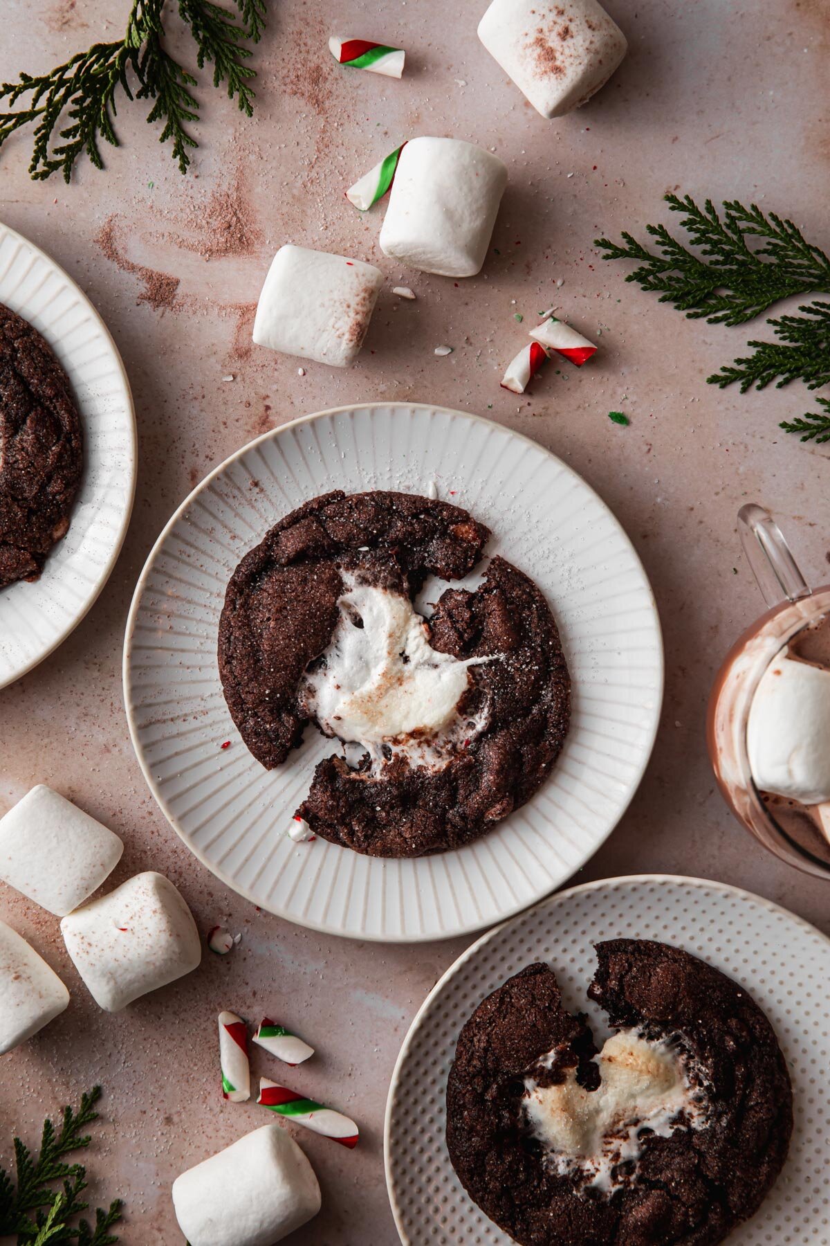 Peppermint Hot Chocolate Cookies with marshmallow centers