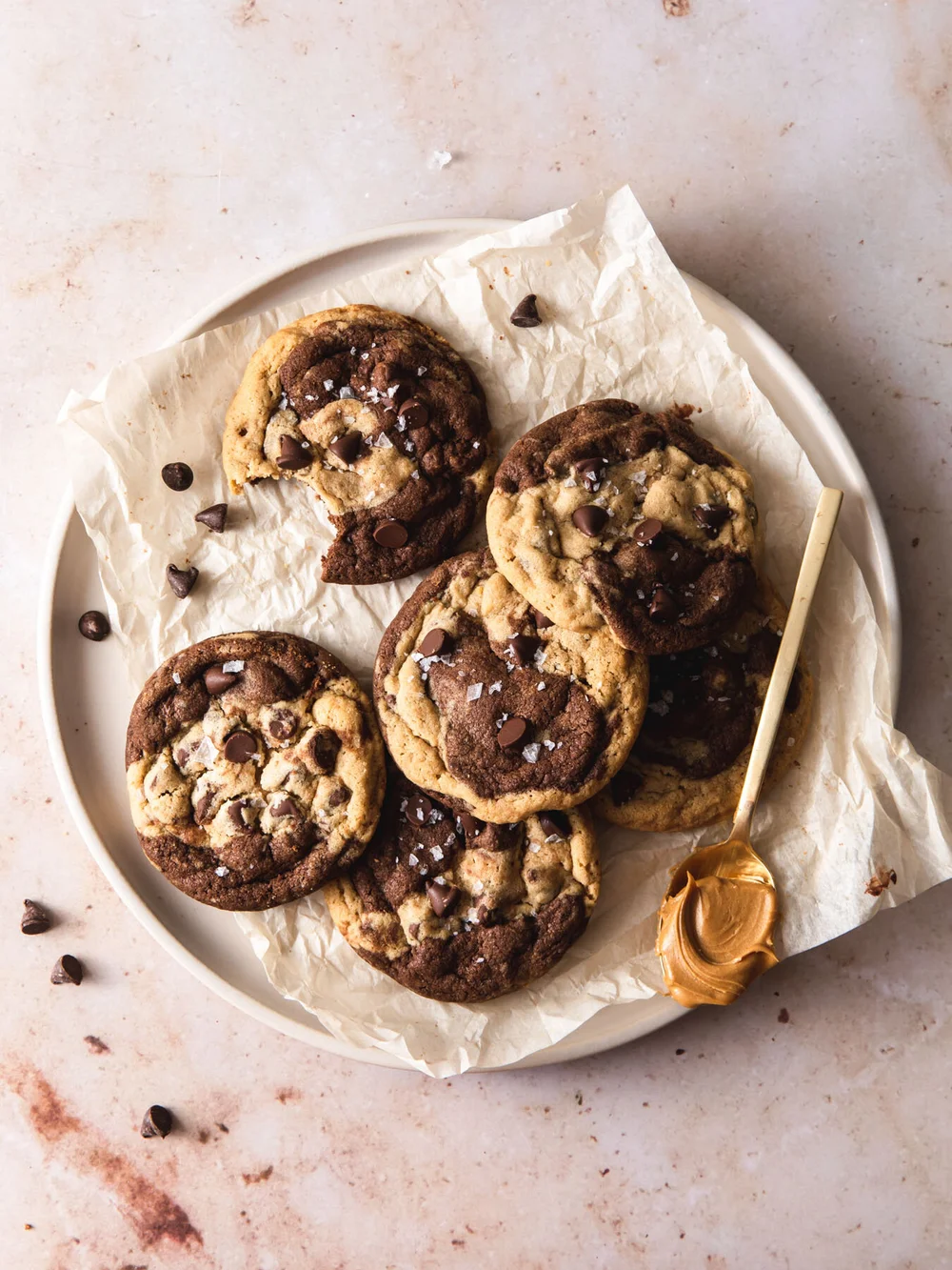 Marbled Chocolate and Peanut Butter Cookies on a plate.