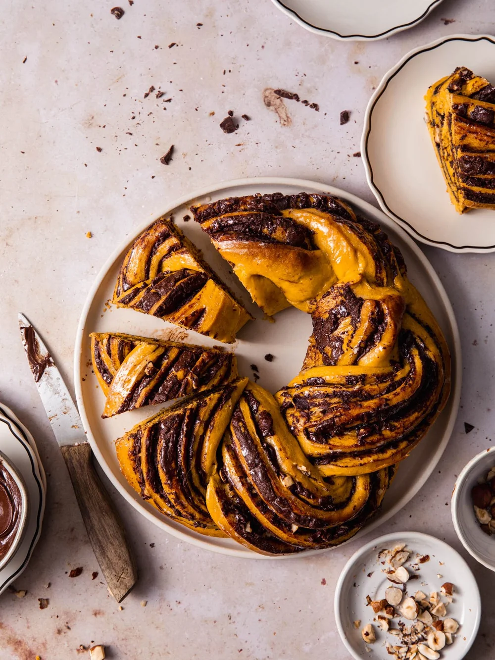 A baked pumpkin and chocolate babka wreath