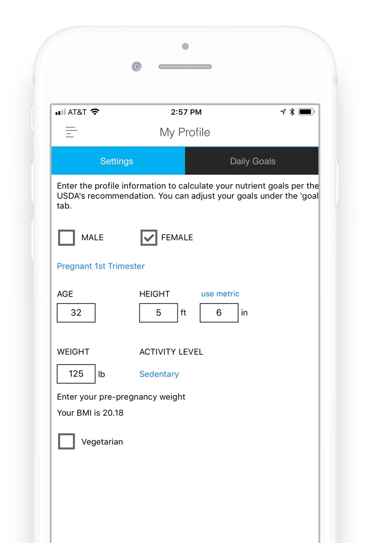 Nutrition goal calculator for pregnancy