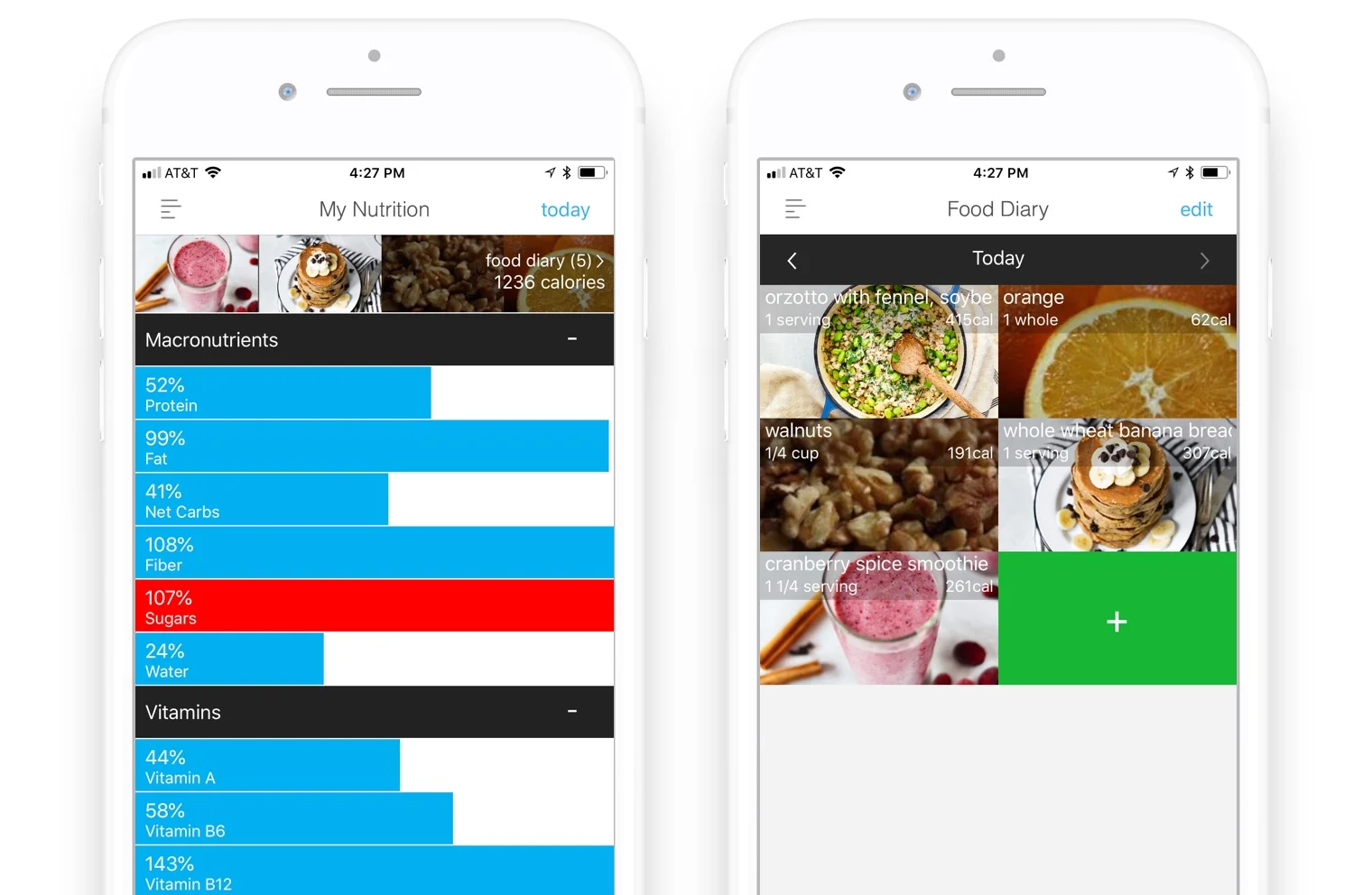 Wholesome app nutrition tracker will warn you in red when you go above your daily sugar target (left), corresponding food diary (right)