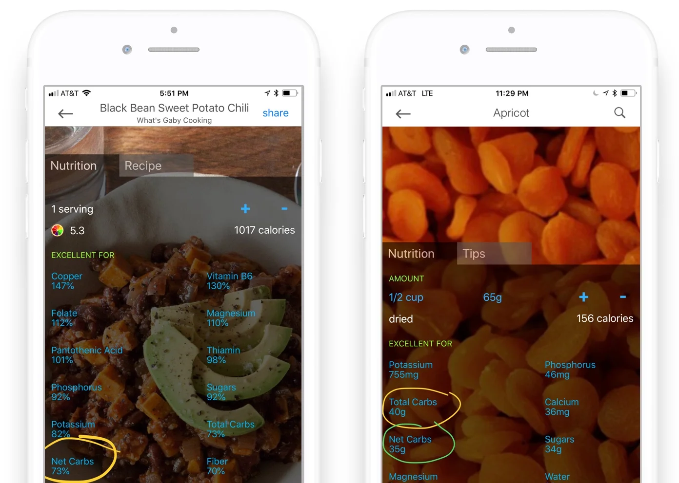 Wholesome calculates the net carbs and total carbs in your recipes (left) and foods (right). View in your choice of % daily goal (left) or grams (right).