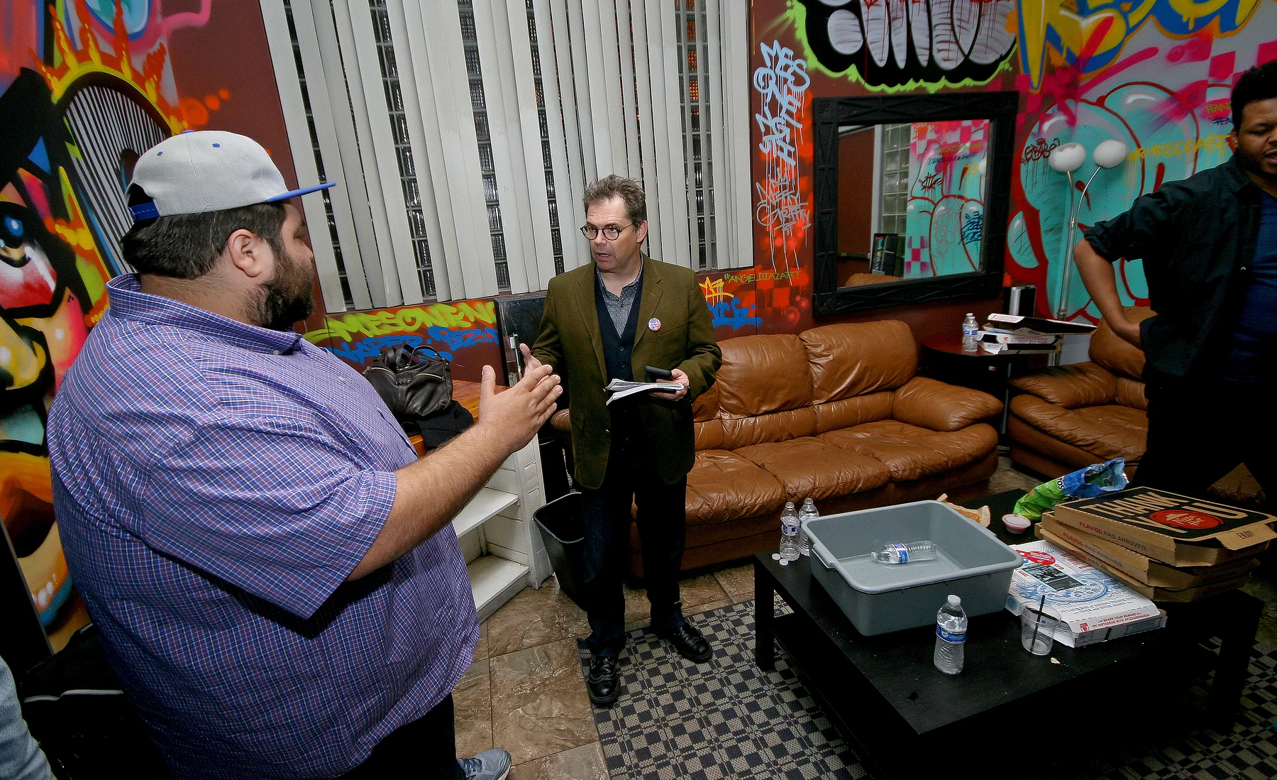 Danny Lobell and Dana Gould talking backstage at An Evening with Dana Gould LOCATION: Press Room PHOTO CREDIT: Matt Santos